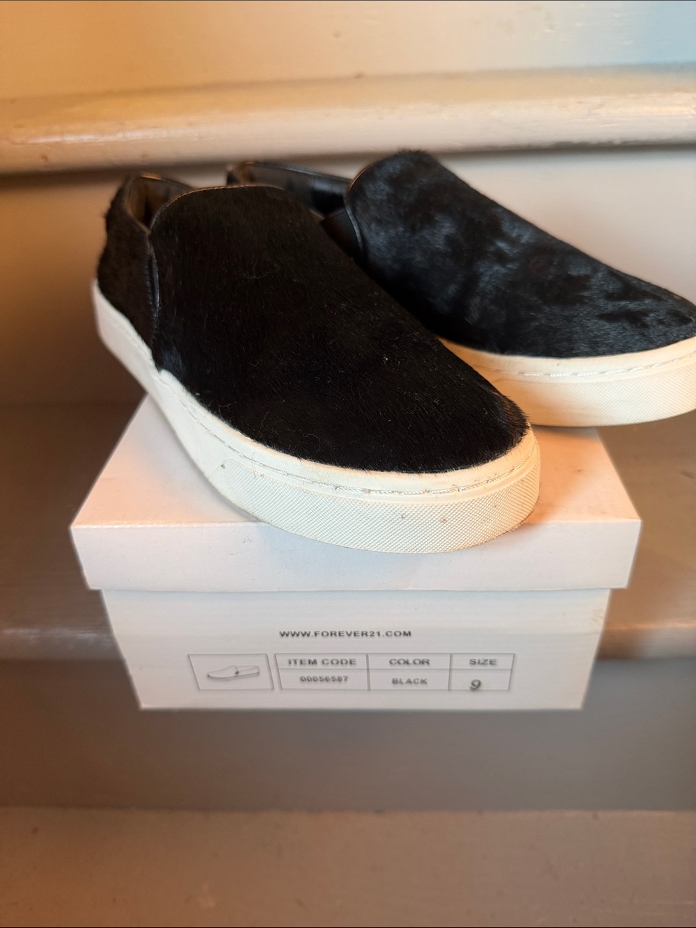 Forever 21 Black Faux-Hair Slip-On Sneakers with White Sole